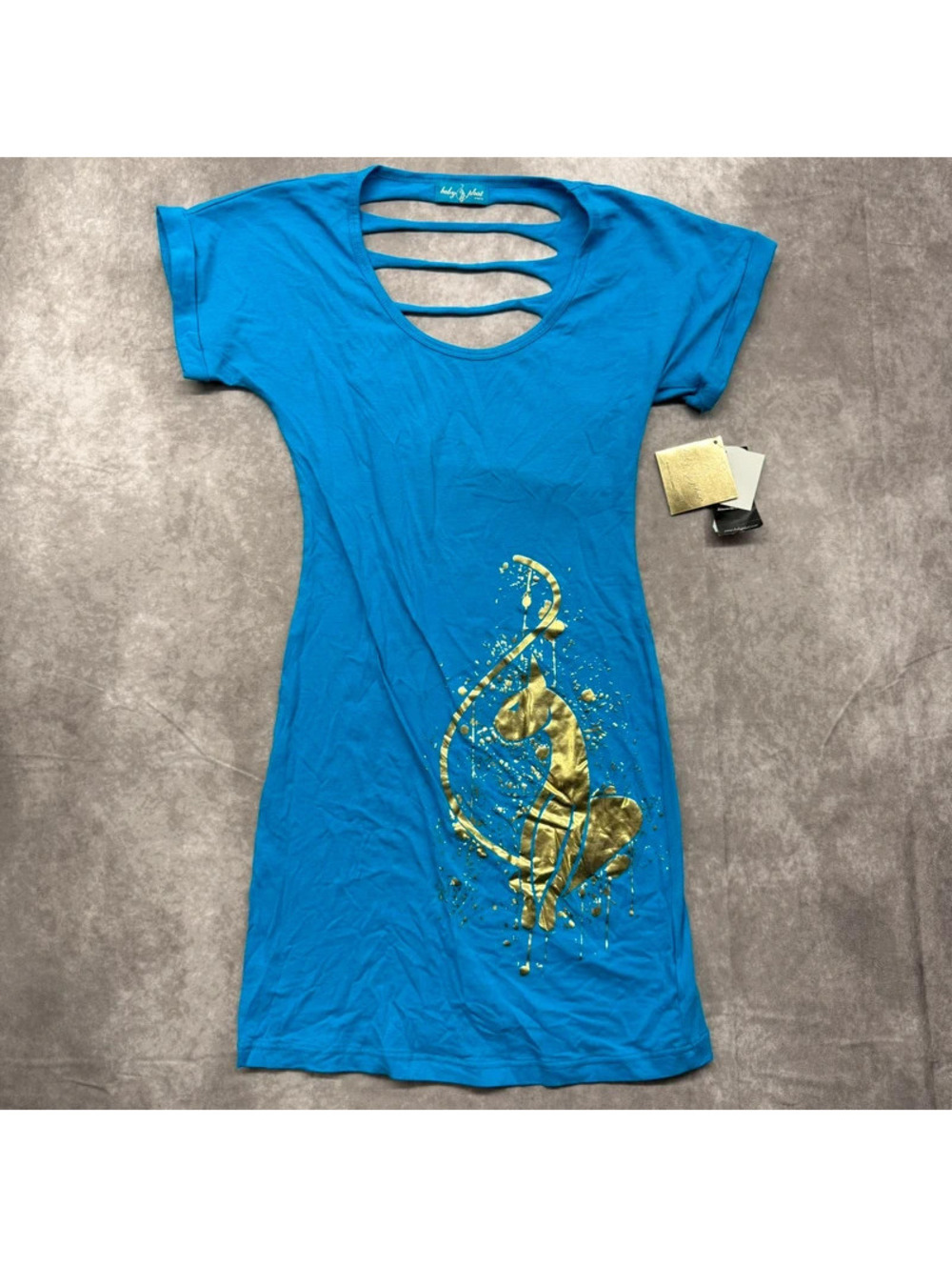 NWT Vintage Baby Phat Blue Gold Metallic Foil Dress Slash Cutout Back M